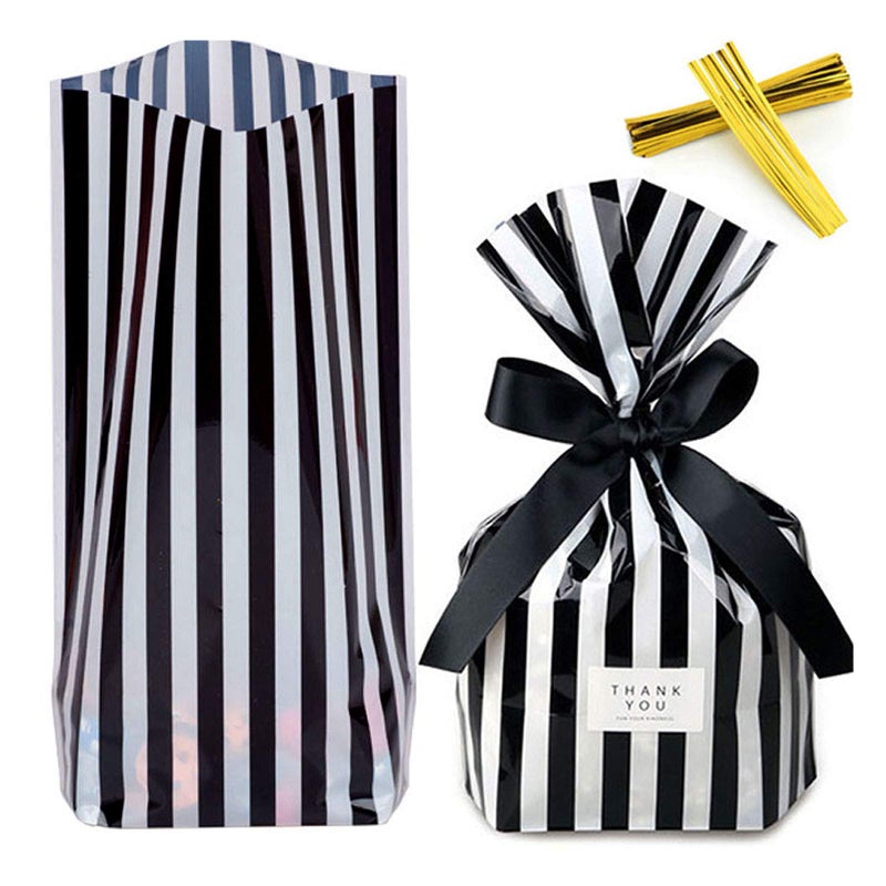ZOOYOO Black Stripes Clear Cello Bags Plastic Candy Party Favor cellophane Treat Bags,Pack of 50 - Image 1